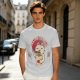Olive green t-shirt with a cartoon cat eating instant ramen