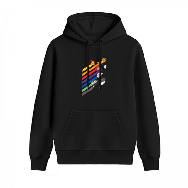 Black Hoodie With Rainbow Striped Cartoon Character Artwork