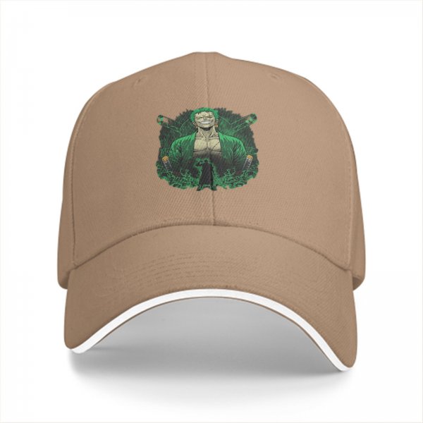 Black baseball cap with One Piece Roronoa Zoro graphic print