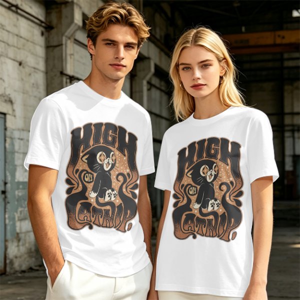 Olive green graphic t-shirt with a high on catip black cat print