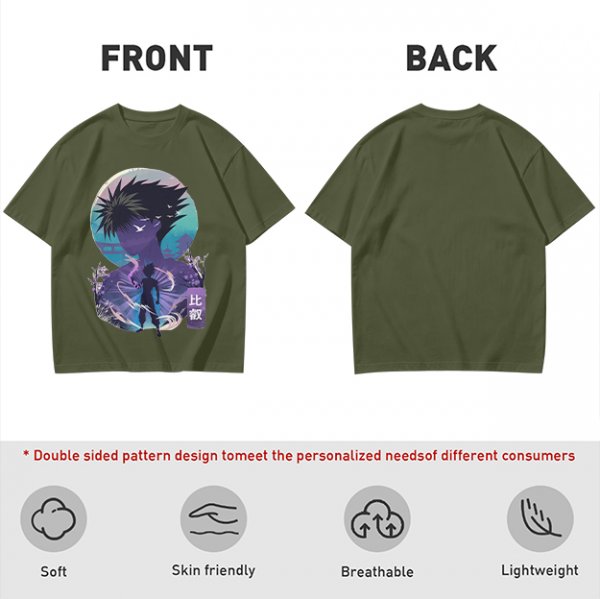 Anime character silhouette graphic tee with stylized purple and blue art