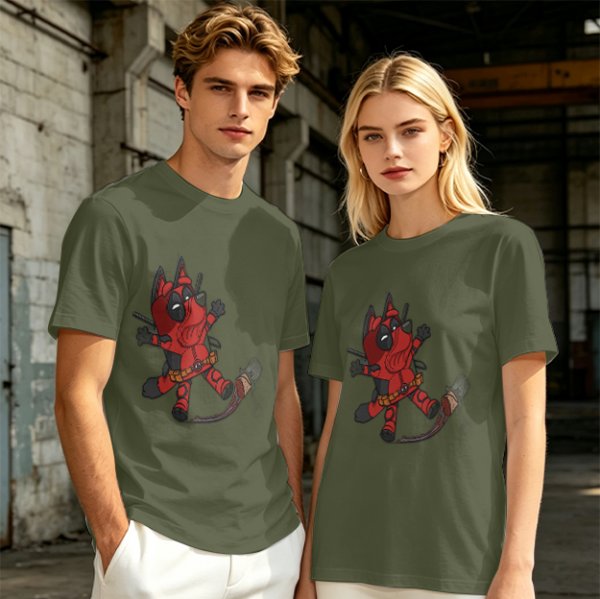 Olive Green T-Shirt With Cute Deadpool Dog Graphic Print