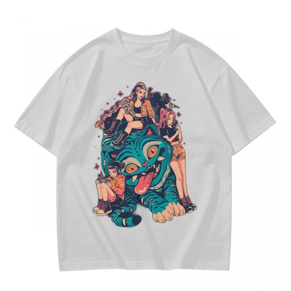 Olive T-Shirt With Girls On A Teal Tiger Graphic Print