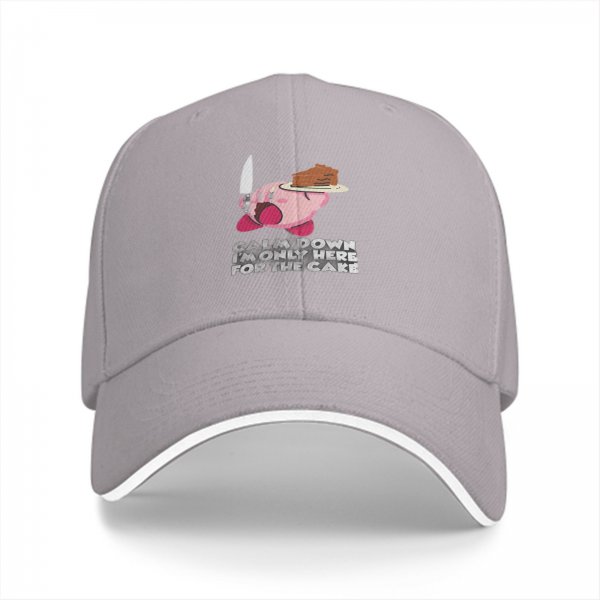 Black baseball cap with Kirby holding cake and knife, text 'Calm Down I'm Only Here For The Cake'