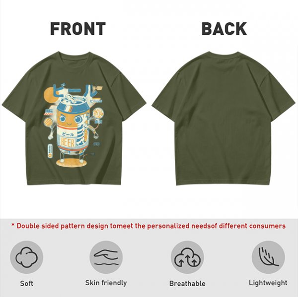 Olive T-Shirt With Kawaii Beer Can Robot Graphic