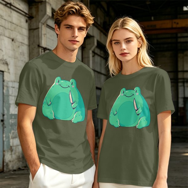 Olive Green T-Shirt With Cute Frog Holding Knife Graphic