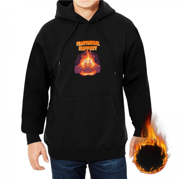 Black hoodie with Calcifer graphic and emotional support text