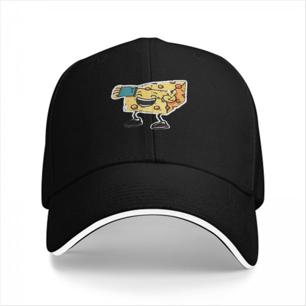 Black Baseball Cap With Cartoon Cheese Taking Selfie Peace Sign