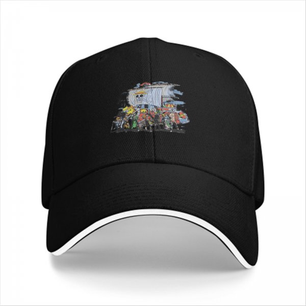 Black Baseball Cap with One Piece Straw Hat Pirates Ship Print