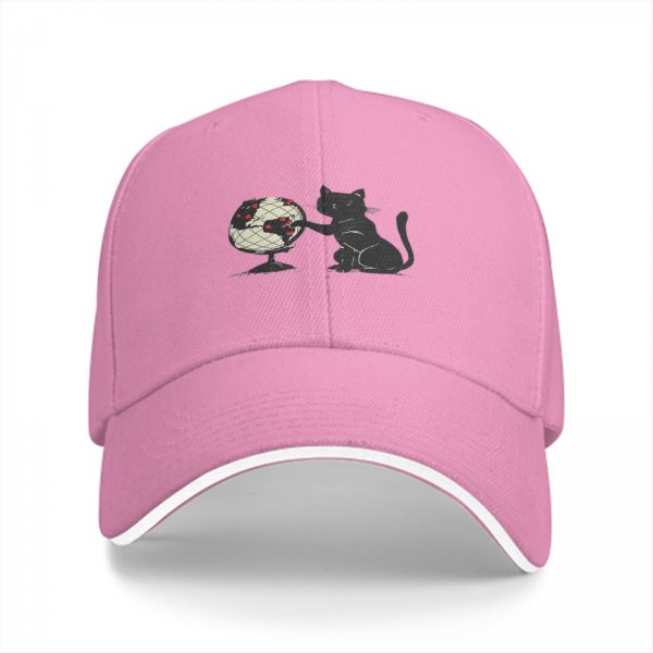 Black Baseball Cap With Cat Reaching For Globe Print