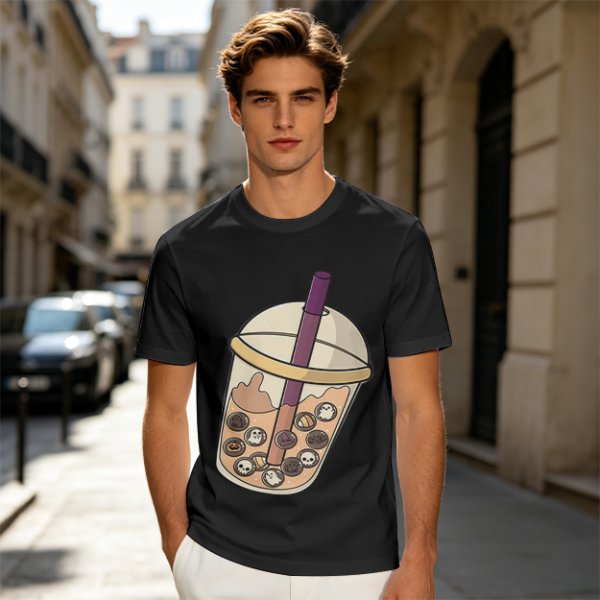 Olive T-Shirt With Halloween Themed Boba Tea Graphic