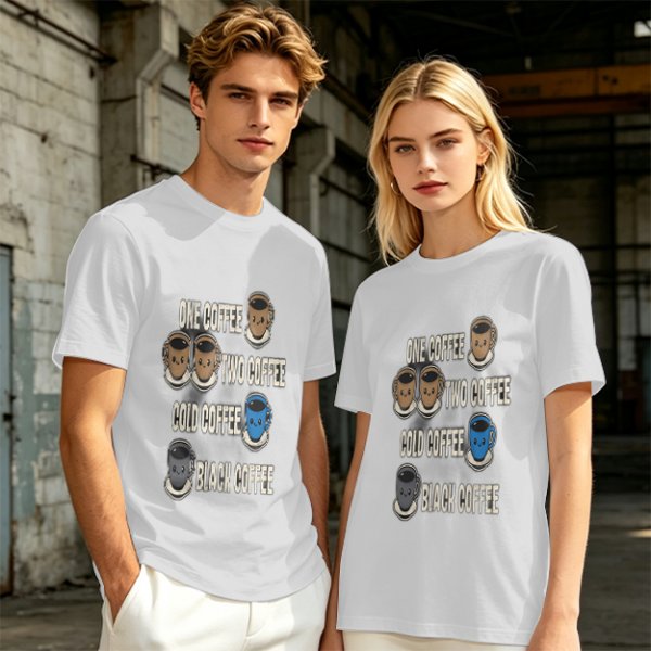 Olive green graphic tee with coffee cup illustrations and playful coffee text