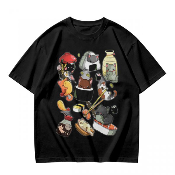 Olive T-Shirt With Cute Sushi Cat Illustrations