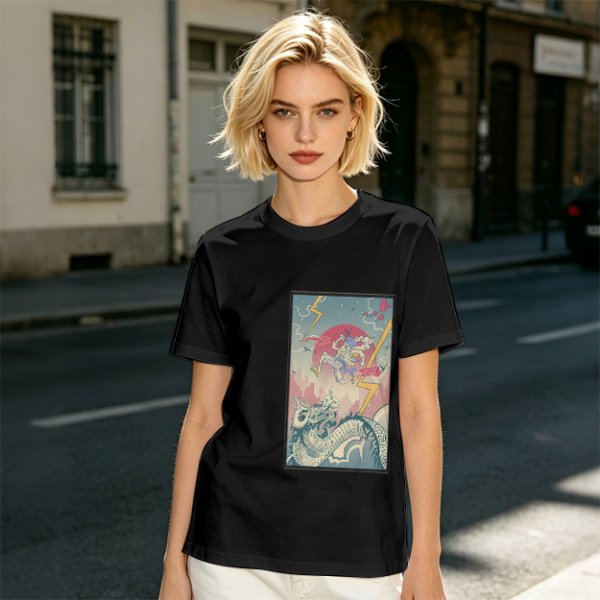 Olive T-shirt with Japanese style dragon and lightning graphic print