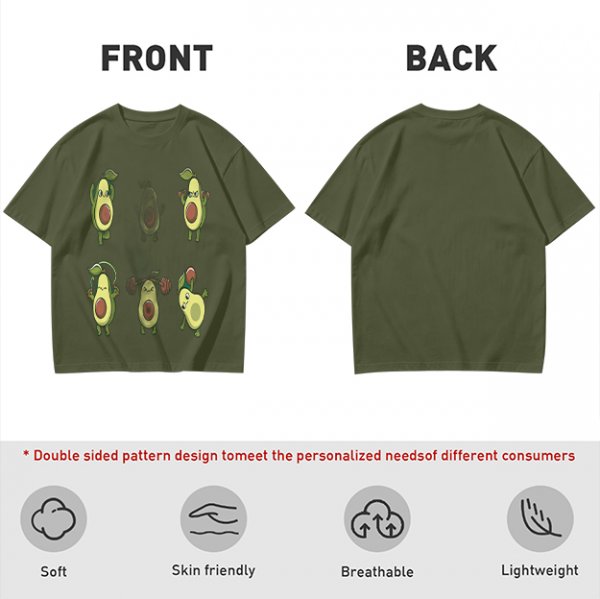 Olive Green T-Shirt with Cartoon Avocado Fitness Characters Print