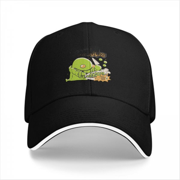 Black baseball cap with green chocobo cooking peas graphic