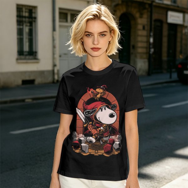 Olive T-Shirt Featuring Snoopy as a Fantasy Warrior with Woodstock