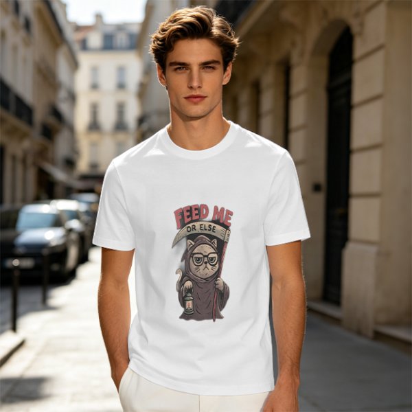 Olive T-shirt with Grim Reaper Cat 'Feed Me Or Else' Print