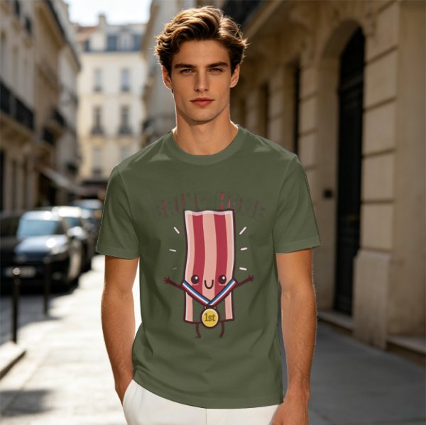 Olive T-Shirt With Cartoon Bacon Champion Medal Print