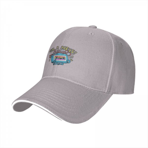Black baseball cap with retro cassette tape 'I'm a Mess' graphic