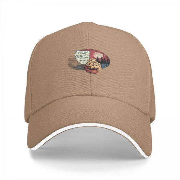 Black baseball cap with hand holding paper over red moon forest print