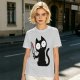Olive T-shirt with a black cartoon cat holding a bloodied knife