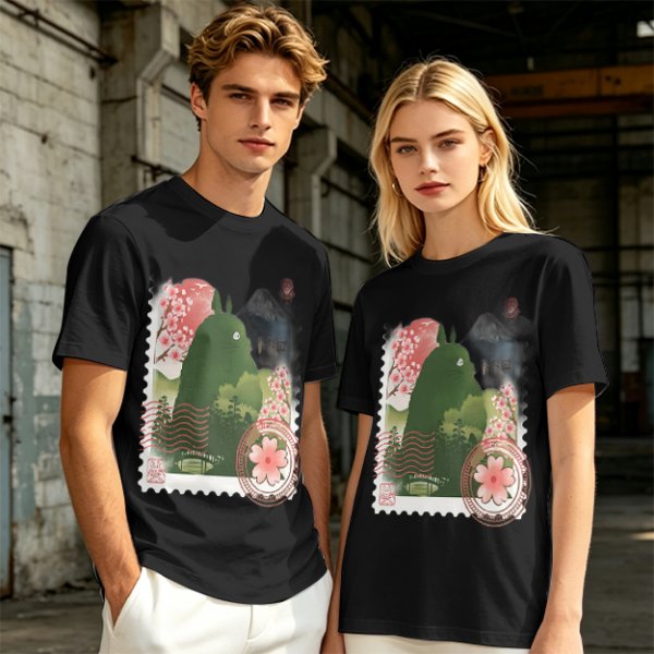 Olive T-Shirt with Totoro Cherry Blossom Stamp Art Print