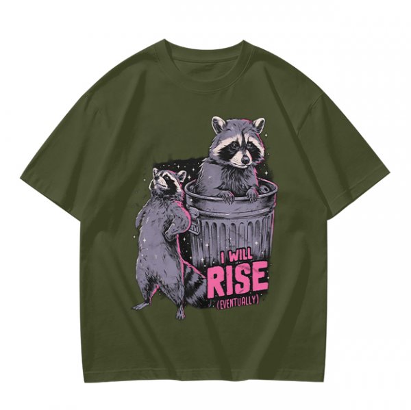 Olive graphic t-shirt with raccoons and 'I Will Rise Eventually' text