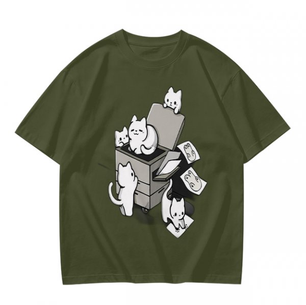 Olive T-Shirt With Playful Cats Emerging From Printer Graphic