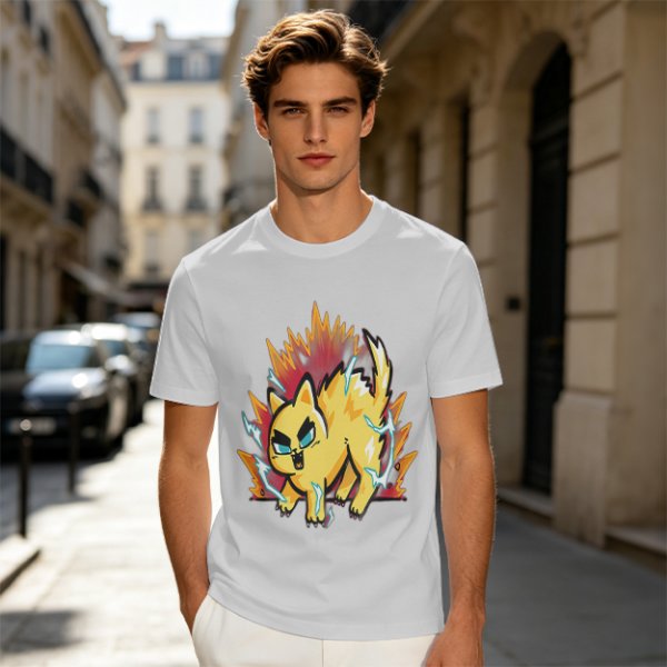 Olive T-Shirt With Super Saiyan Style Electric Cat Graphic