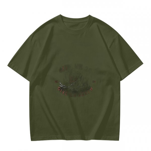 Olive green short-sleeve graphic t-shirt with vintage-style print