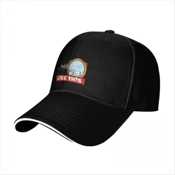 Black baseball cap with mirror and coffee graphic that says LIKE THIS