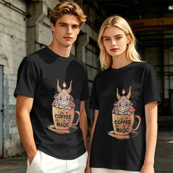 Olive t-shirt with cute Baphomet coffee magic print