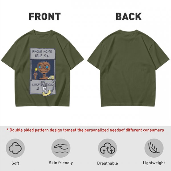 Olive green t-shirt with E.T. phone home graphic print