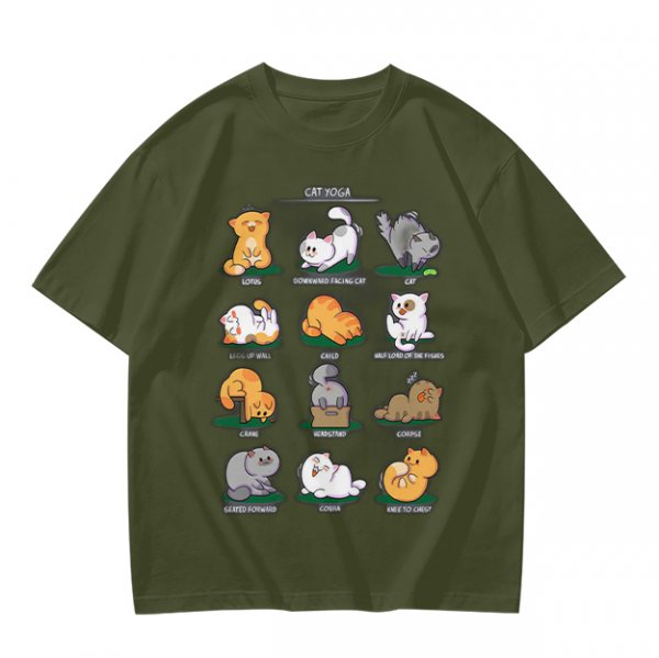 Olive Green T-Shirt With Cute Cat Yoga Pose Illustrations