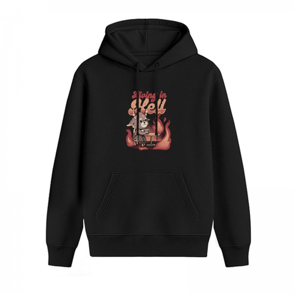 Black hoodie with 'Living in Hell' devil animal graphic print