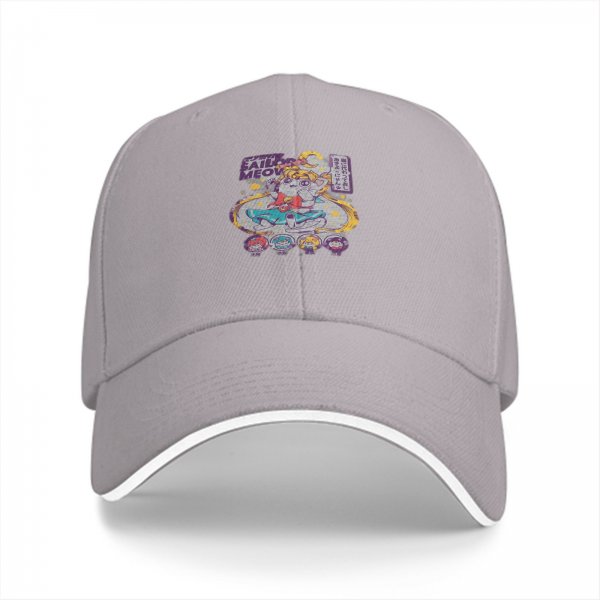 Black baseball cap with Sailor Moon inspired cat graphic print