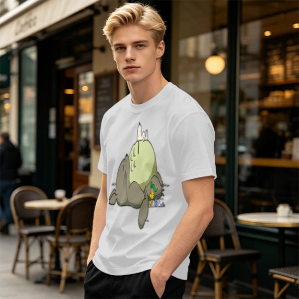 Olive T-shirt with whimsical forest spirit and small animal graphic print