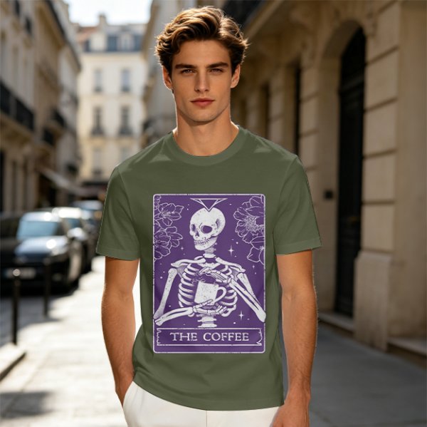 Olive T-Shirt With Skeleton Tarot Card 'The Coffee' Print