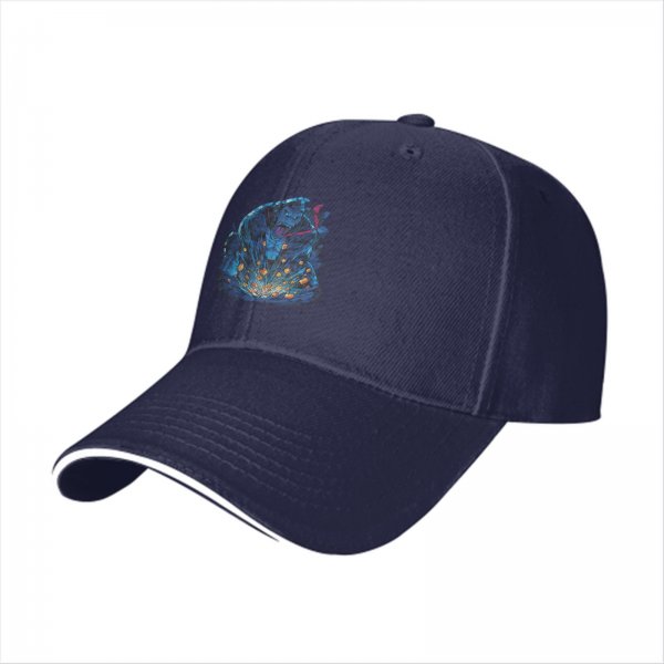 Black baseball cap with blue fantasy character explosion graphic