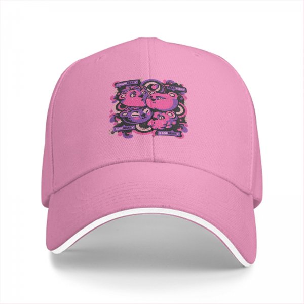 Black baseball cap with pink and purple bear graphic print