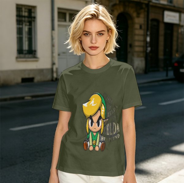 Olive T-shirt with Chibi Link from The Legend of Zelda Print