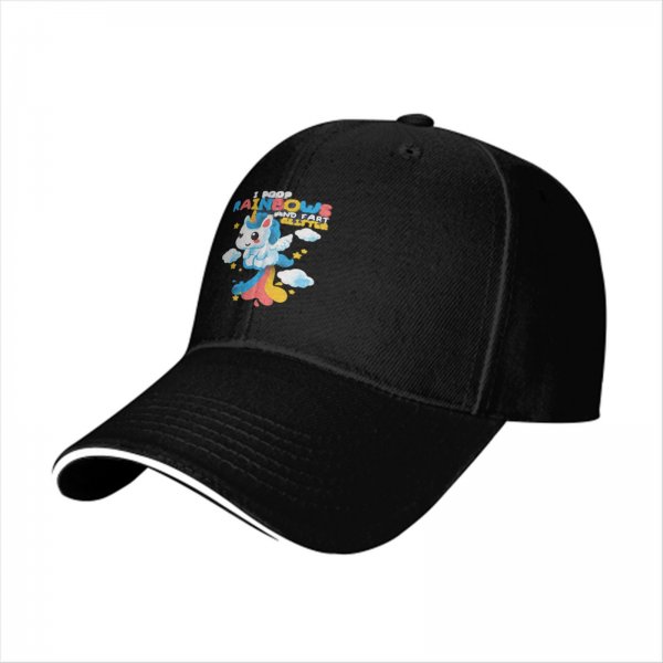 Black baseball cap with playful unicorn rainbow poop graphic