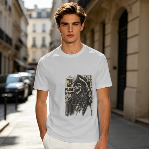Olive graphic t-shirt with grim reaper and 'You Got Plans?' print