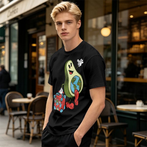 Olive T-Shirt with Cartoon Avocado Globe Travel Print
