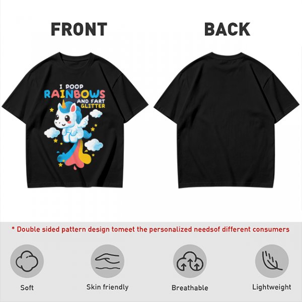 Olive t-shirt with playful unicorn rainbow poop and glitter fart graphic