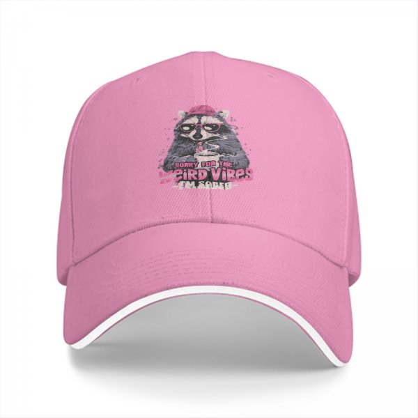 Black baseball cap with raccoon graphic and 'Sorry for the weird vibes I'm sober' text