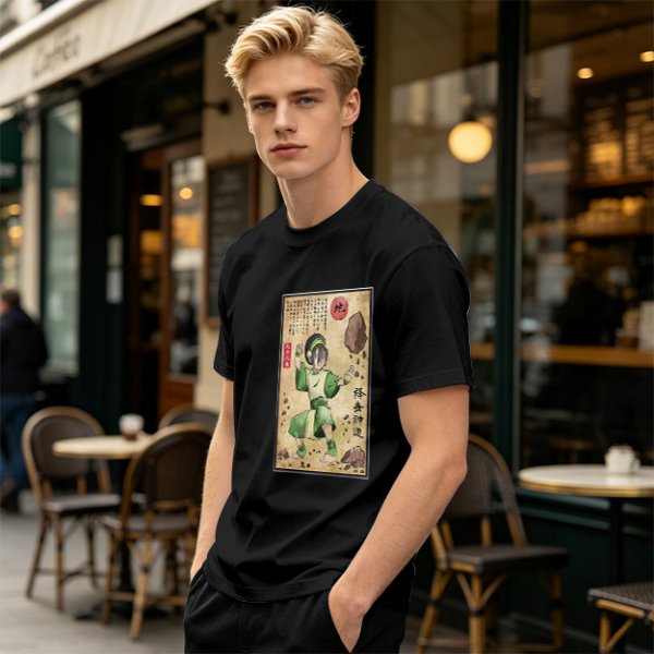 Olive T-shirt with Earthbender Character Vintage Art Print