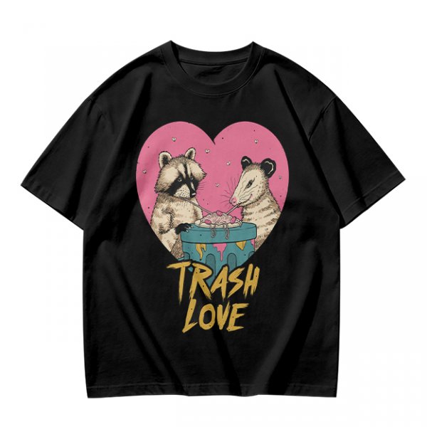 Olive Graphic T-Shirt with Raccoon and Opossum Trash Love Design