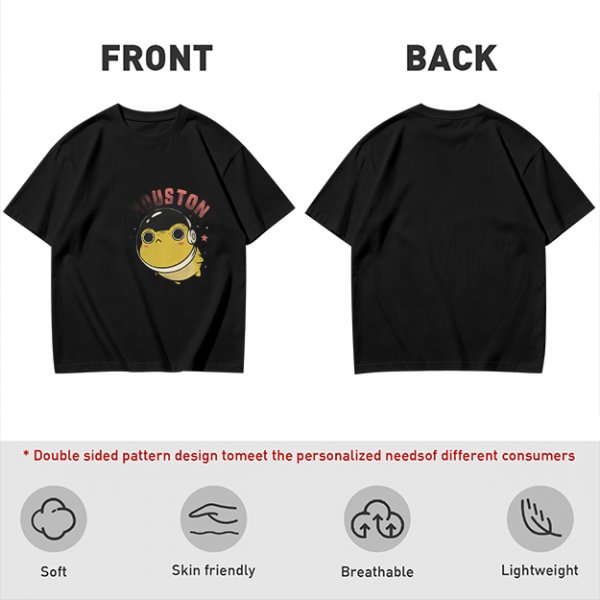 Olive green t-shirt with space frog graphic and Houston text
